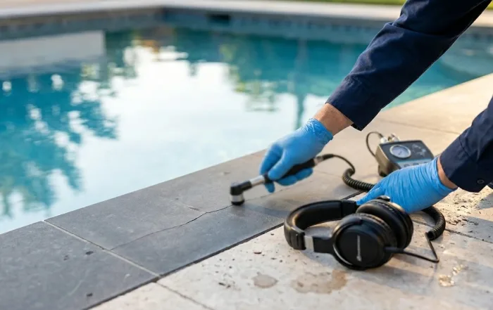 Natural late-afternoon sunlight, clean modern composition, shallow depth of field. Clear blue pool water softly out of focus in the background. The tech wears a navy work shirt and nitrile gloves. A small pressure gauge and sensor unit rest nearby on the pool deck. Photorealistic, editorial style, bright and sharp, trustworthy look. 16:9 aspect ratio.