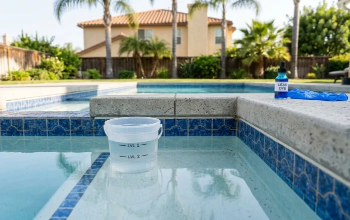 A pencil mark sits on the tile at the pool's water line. A small bucket of pool water rests on the pool step with two visible marks on its side. A pair of nitrile gloves and a small bottle of bright blue leak detection dye sit on a clean white towel on the deck next to the bucket. Soft natural daylight, classic Southern California suburban setting, palm trees and a stucco home in the soft-focus background.