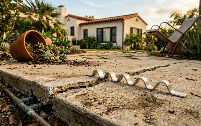 A photorealistic, high-resolution image of a residential concrete slab in a Los Angeles backyard, showing a long horizontal crack running through it. Faintly visible copper plumbing pipes peek out from below the slab edge. A shiny stainless steel Torque Lock structural staple sits on the slab next to the crack, ready for installation. Soft golden California afternoon sunlight, slight earthquake debris (a fallen potted plant, a tilted patio chair) in the soft-focus background, modern stucco home with terracotta roof tiles in the distance. Sharp focus on the staple and the crack. Clean, professional, editorial style. No people, no text overlays.